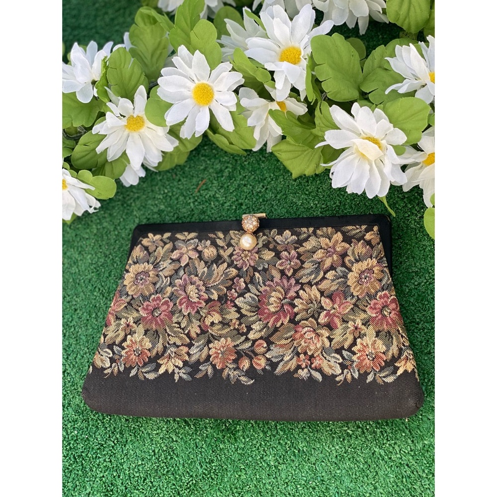 Vintage 1970s Black Tapestry Clutch